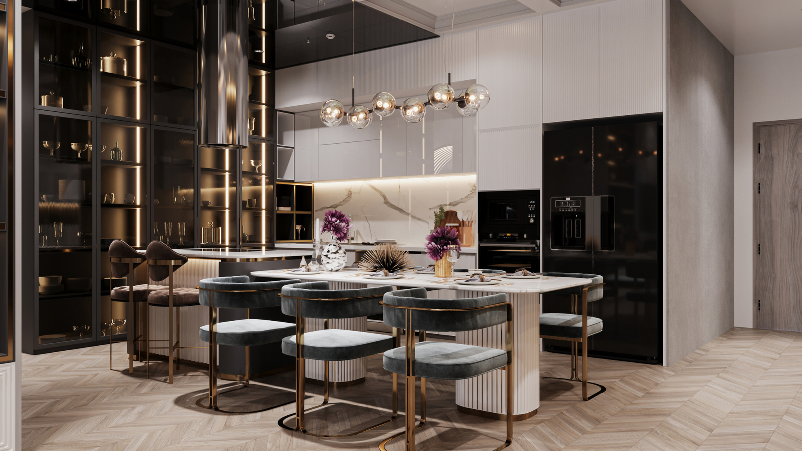 Luxurious kitchen with a sleek island and barstools in California.