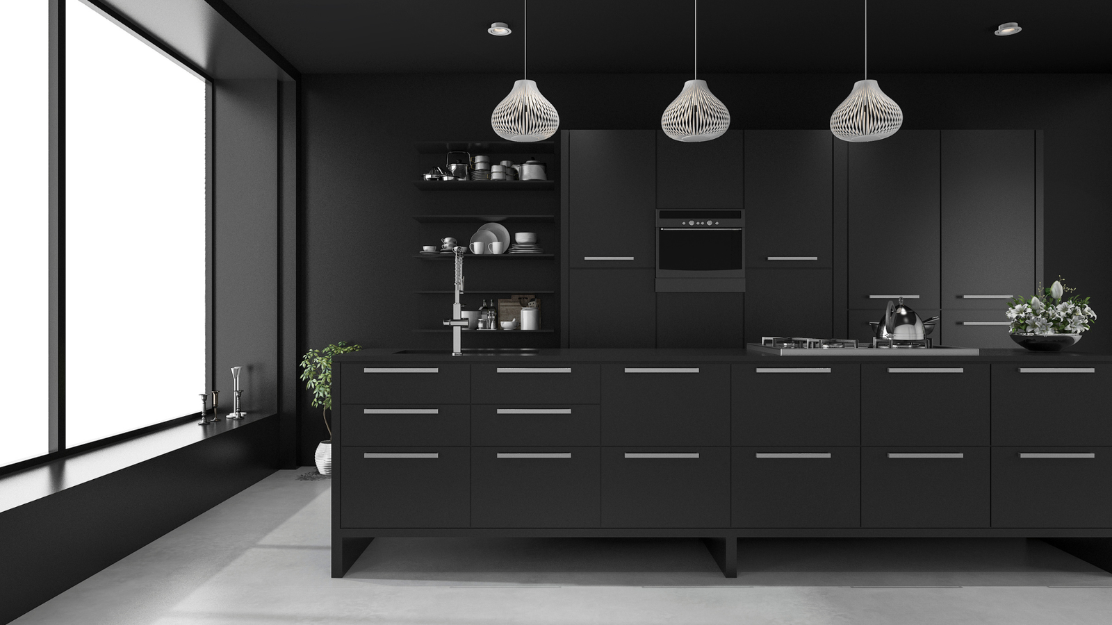 luxurious kitchen with matte black cabinets and metallic holder in California.