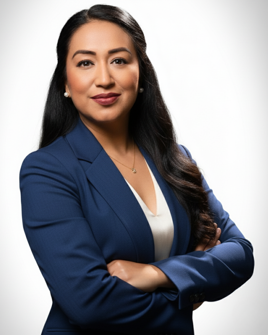 half body shot of Brenda Tencle in blue suit blazer.