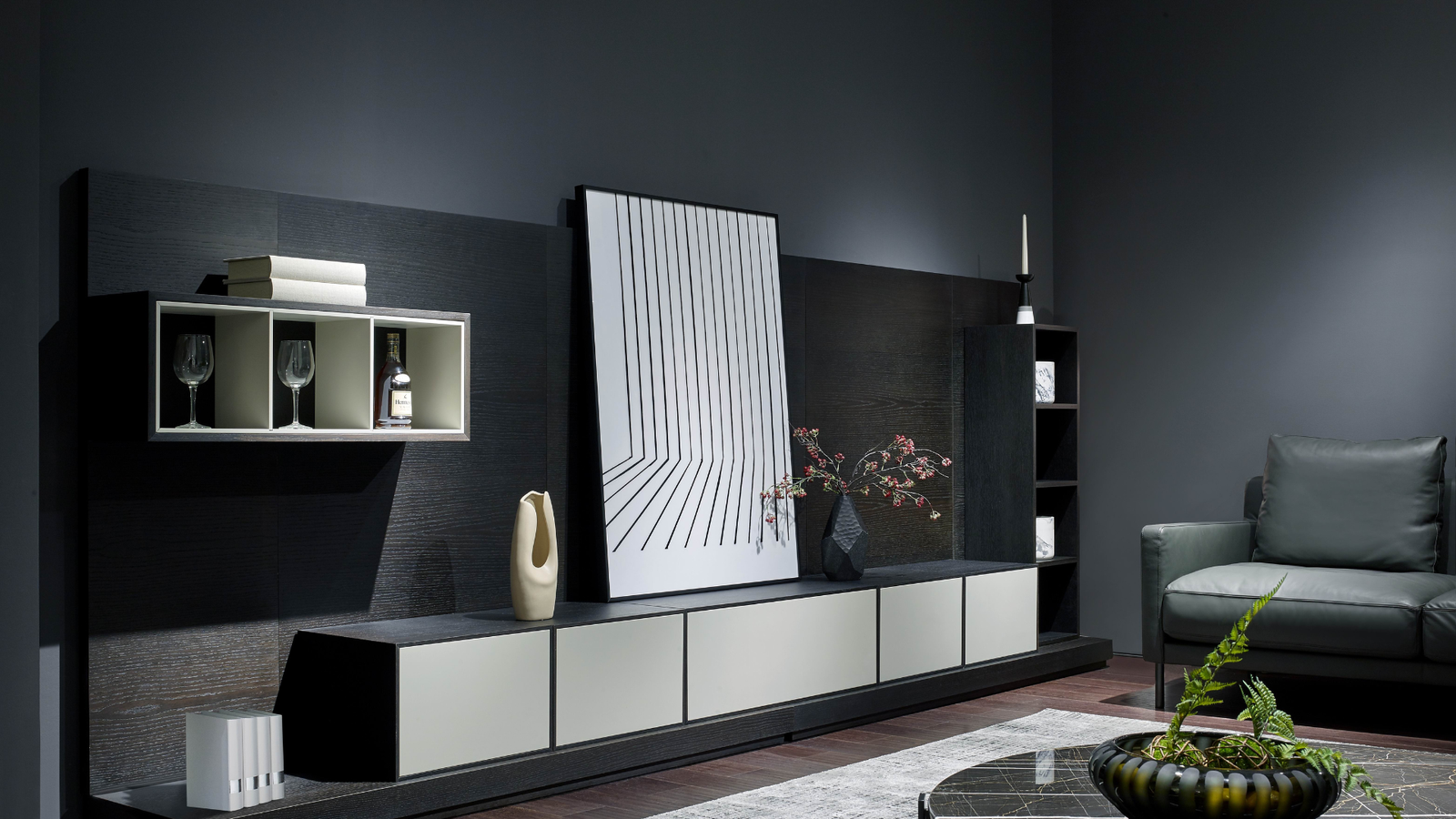 living room with dark walls and sleek furniture in California.