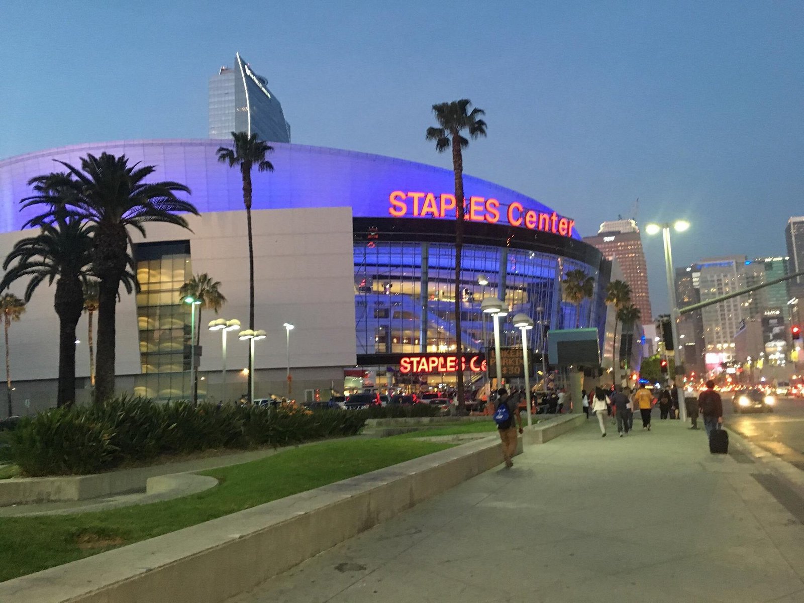 Twilight view of Staples Center, Los Angeles